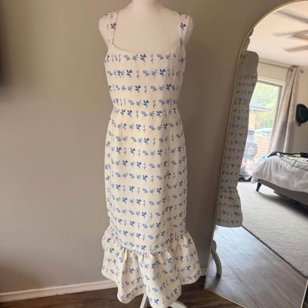 NWT Anthropologie Sachin Babi cream and blue floral dress square neckline ruffle